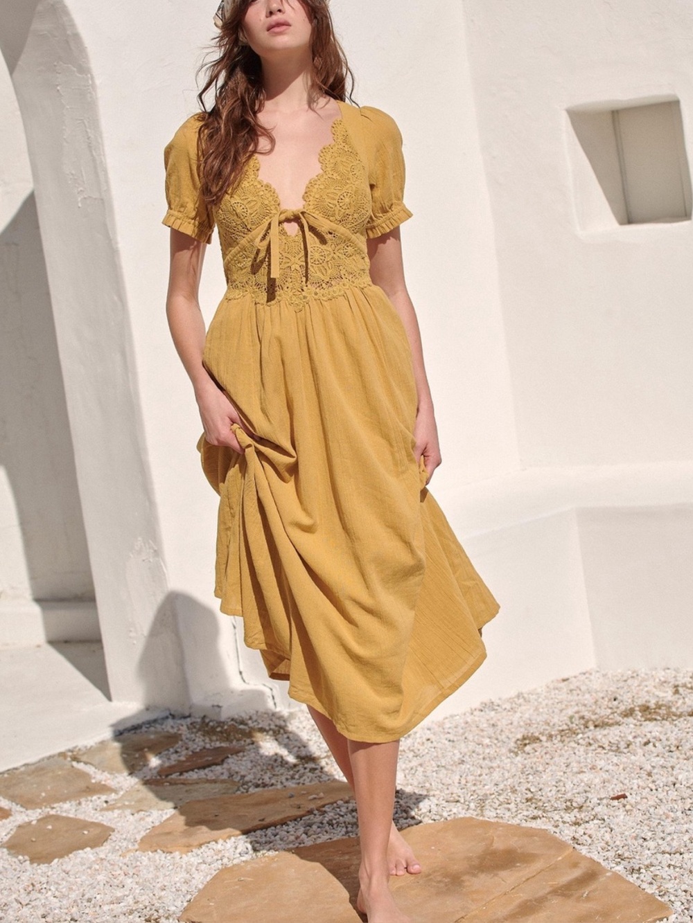 Free People All You Need Is Lace Open Tie Back Ruffle Crochet Lace Midi Dress
